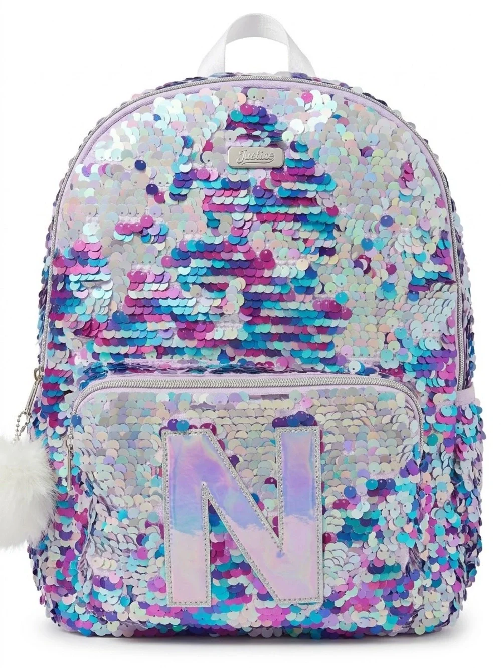 Justice Iridescent Sequin Backpack - Lavender, Teal, Pink, initial “N”